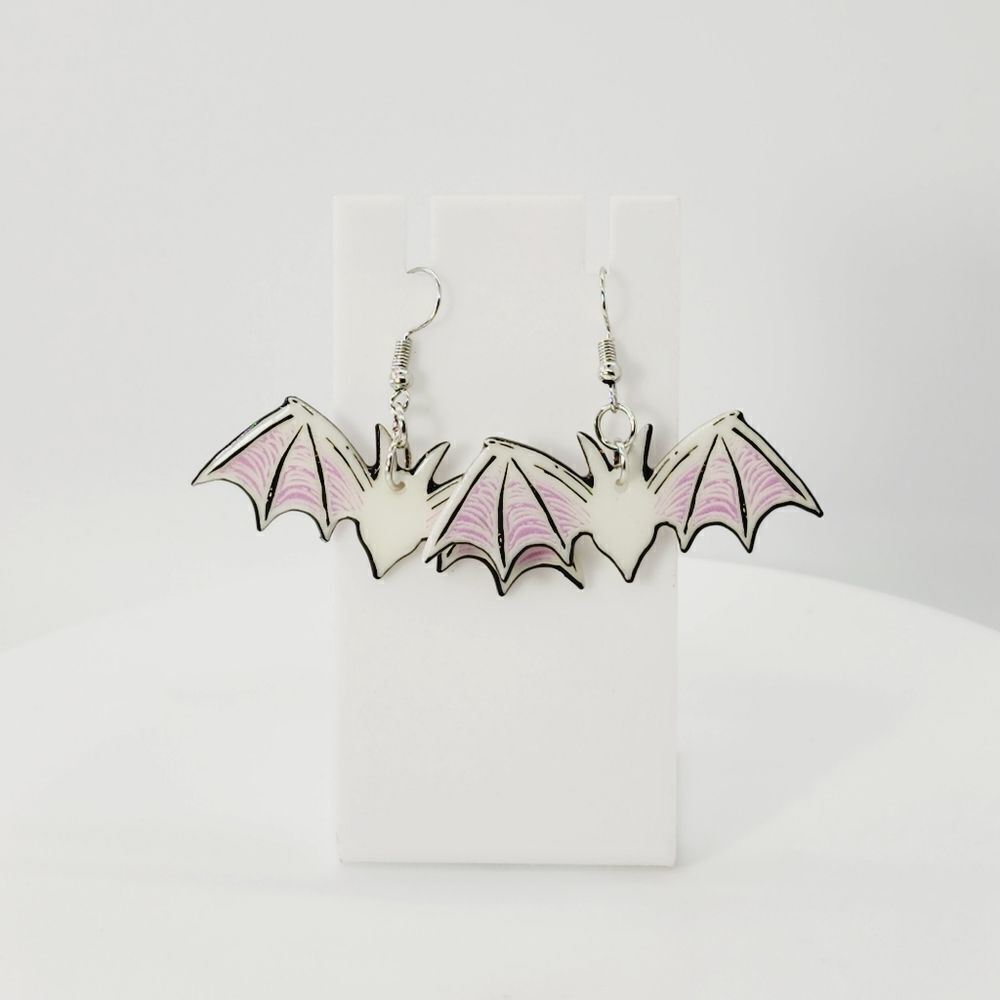 Fashion Witchy Bat Woman Dangle Earrings Acrylic Pastel Pink Goth Gothic Drop